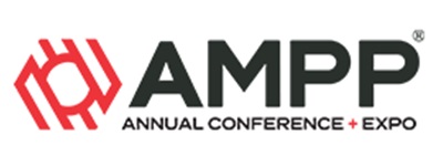 AMPP Logo with red hexagon symbol with Annual Conference + Expo text written under the word AMPP