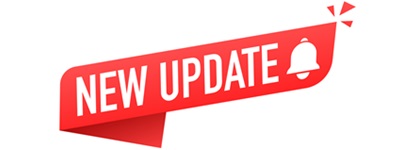 red ribbon with NEW UPDATE written in white letters with a white bell next to it.