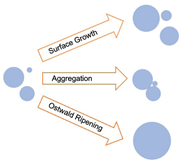 The processes of surface growth, aggregation, and Ostwald ripening.