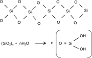 Amorphous silica (top) and silicic acid (H2SiO3) (bottom) models.