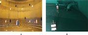 Examples of different galvanic anodes mounted in a tank: (A) cylindrical anodes suspended from a ceiling, and (B) block anodes mounted on threaded rod to tank floor.