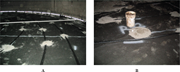 Placement of mixed-metal oxide anode loops and reference electrode for a new slotted tank bottom: (A) concentric rings held in place with sand, and (B) location of fixed reference electrode.