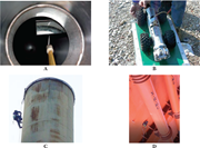 Visual inspection examples: (A) visual inspection using a mirror, (B) robotic crawler used for visual inspection of pipeline, (C) visual inspection of a stack using rope access, and (D) magnetic crawler performing visual inspection offshore.