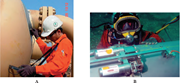 Ultrasonic inspection examples: (A) UT of a weld on a pressure vessel nozzle, and (B) AUT inspection of a subsea pipeline.