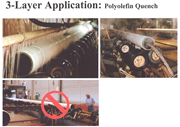 Sufficient water must be used to prevent topcoat deformation and splitting. Once the lead pipe splits away from the pipe string exiting the coating area, internal quench accelerates the pipe cool down. Water must not be sprayed into the pipe while it is still joined to the rest of the string — it can flow back to the coating-application area, cooling the pipe too soon for FBE cure and dripping into the recycled FBE. (Photos courtesy of the author.)
