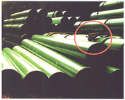 Good quality dunnage without rot or splits is important to prevent pipe and coating damage. In this case, the pipe stack collapsed after the dunnage broke. (Photo courtesy of the author.)