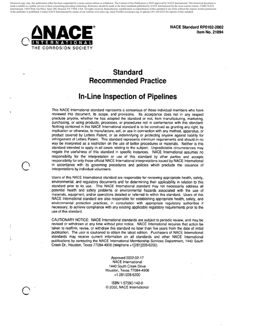 Nace Inspection Kit In-Line Inspection of Pipelines | Standards | Association for Materials ...