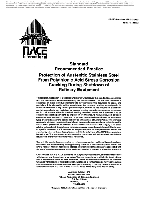 Protection of Austenitic Stainless Steel From Polythionic Acid Stress ...