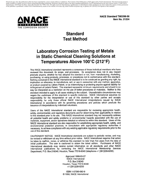 Laboratory Corrosion Testing of Metals in Static Chemical Cleaning ...