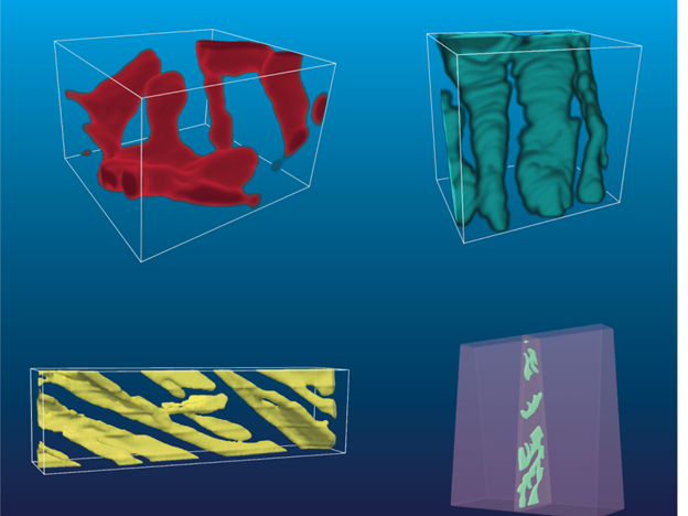 Molten salt penetrates various metal alloys in different patterns; oxide growth can form similar 1D morphology. From top left, clockwise: stainless steel corroded in salt, iron-nickel-chromium alloy corroded in salt, chromium-manganese-iron-cobalt-nickel alloy oxidized in air and nickel-aluminum alloy oxidized in water. All the morphologies appear similar, covering partial grain boundaries. Credit: Yang Yang/Penn State. Image via Yang Yang, Penn State.