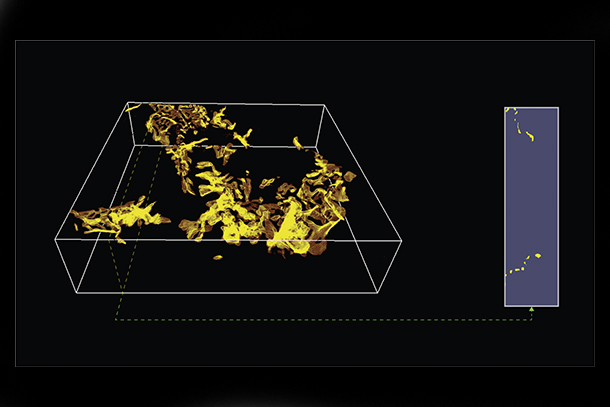 Molten salt corroded a metal barrier, appearing disconnected on a slice view of the damage (right). Researchers imaged the corrosion in 3D and reconstructed the path the salt took through metal (left). Graphic by Yang Yang, Penn State.