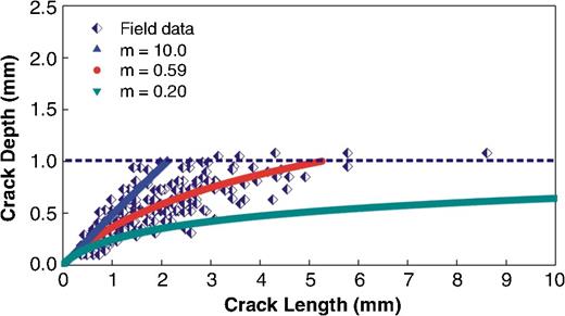 FIGURE 3. Different values of m for fitting different crack depth-length profiles.4